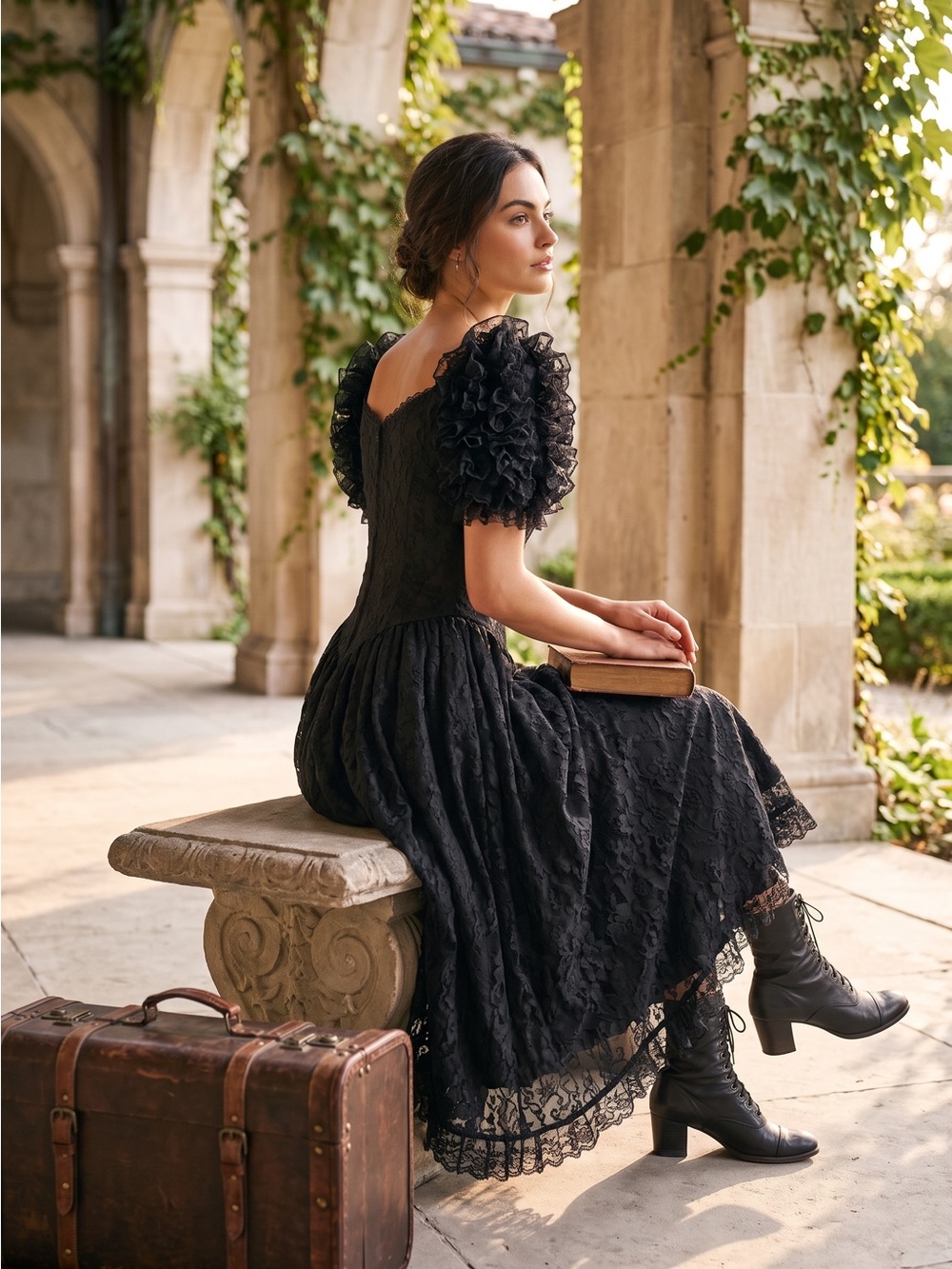 Western Black Lace Fairy Goth Puff Sleeve Midi Dress Vintage